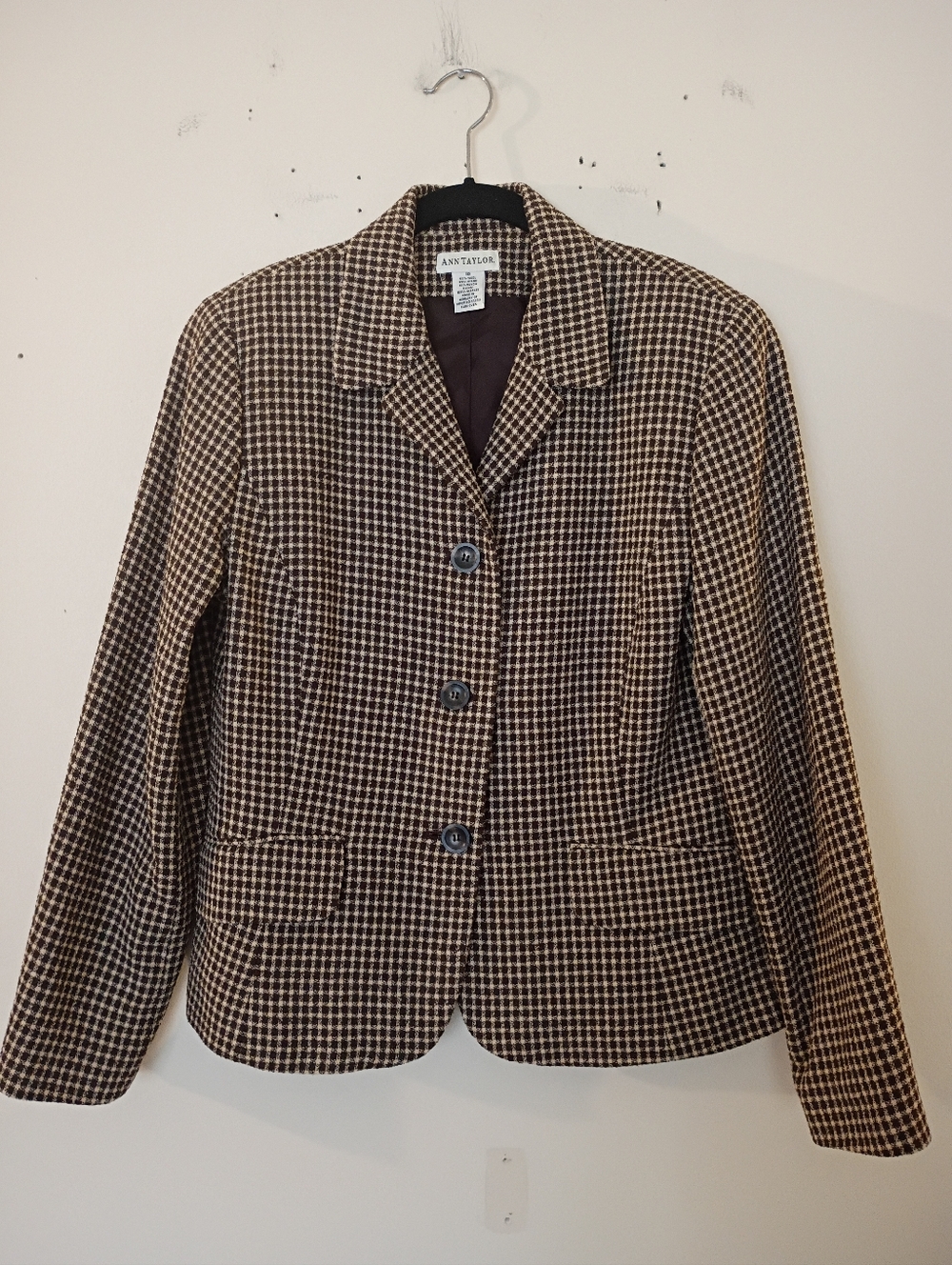 Vintage Ann Taylor Wool Blend Check Plaid Blazer in Brown Size 10